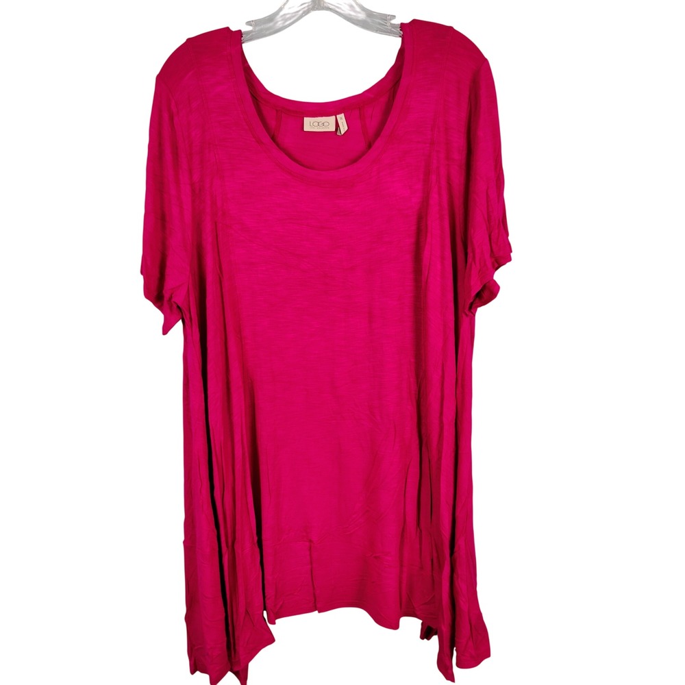 LOGO Lori Goldstein Womens 1X Sharkbite Tunic Pink Slub Knit Lagenlook Boho